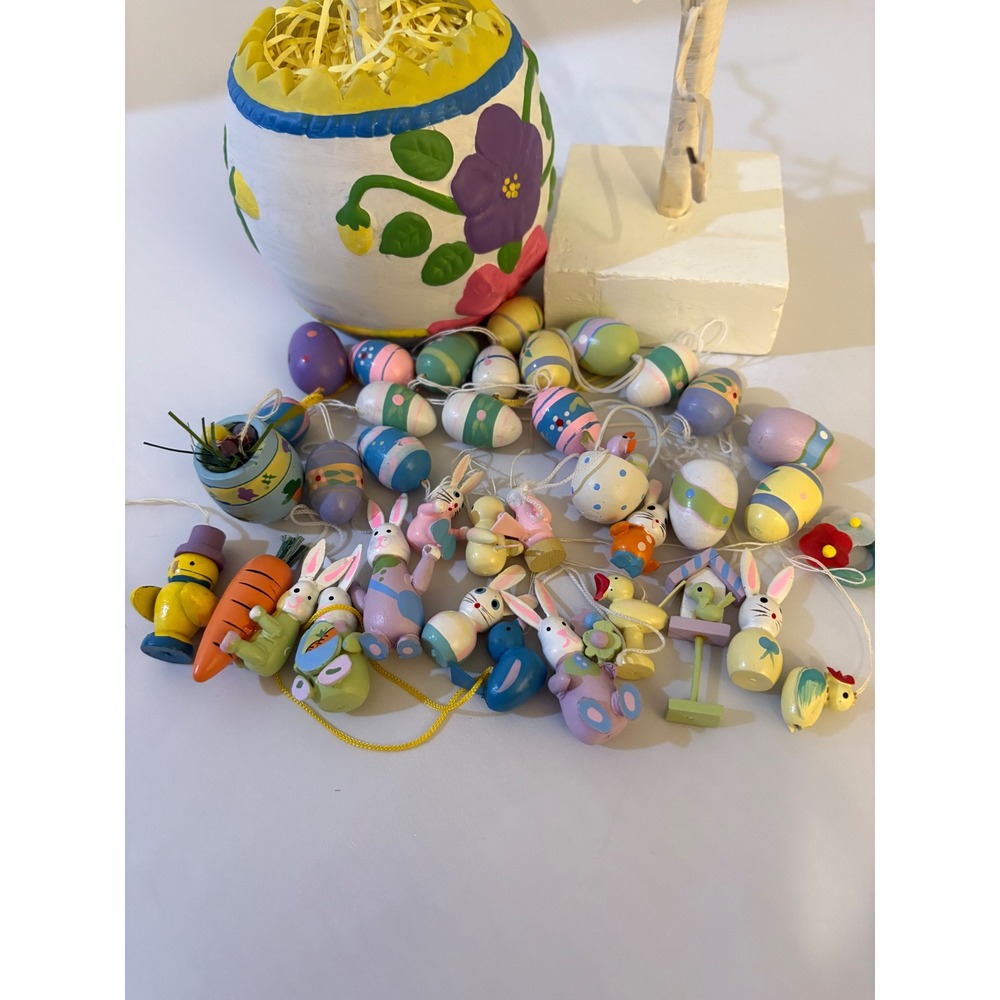 2 Easter Egg Trees with 36‎ Wooden Ornaments Spring Decor Rabbits Ducks Chicks - Picture 6 of 9